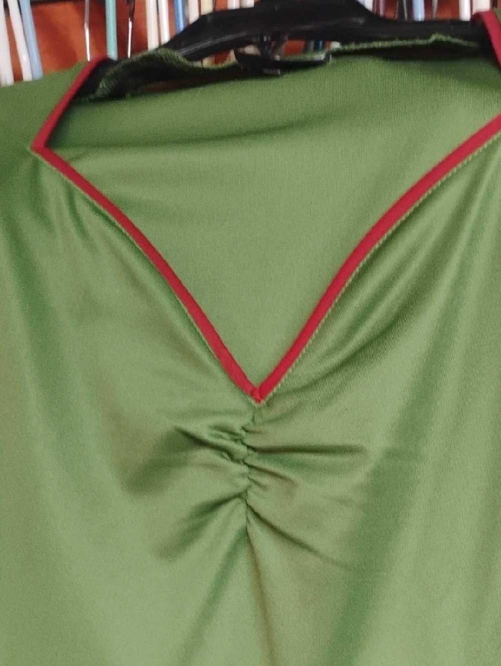 Sourpuss Olive Green Fit-and-Flare Dress with Black Waist and Red Trim - Picture 3 of 6